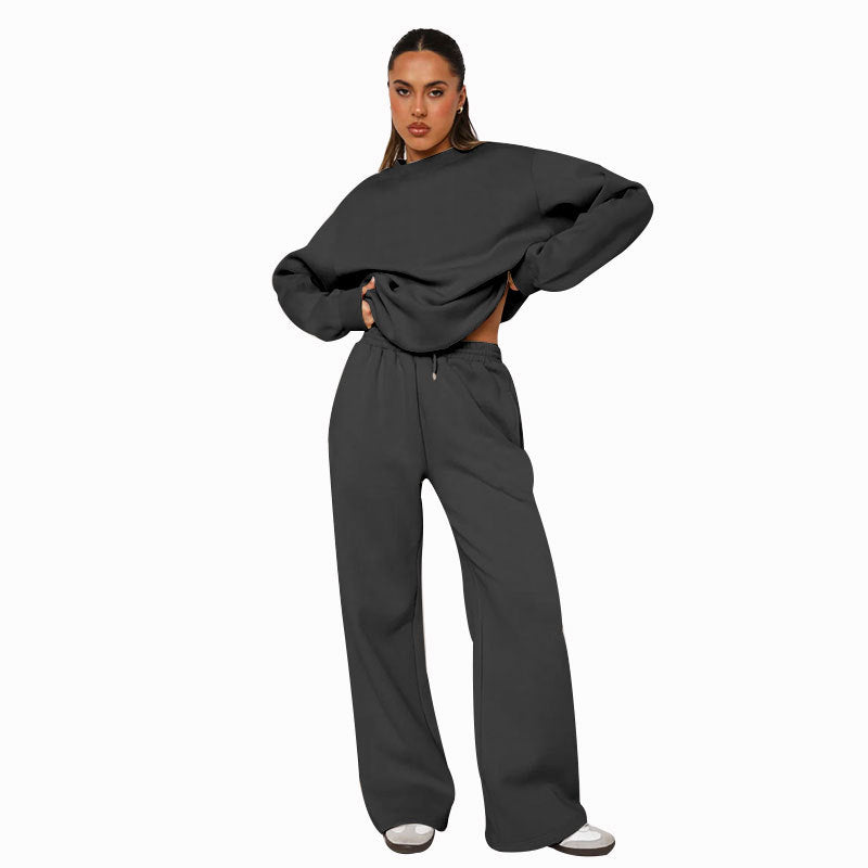 Autumn Winter Solid Color Loose Long Sleeves round Neck Women Casual Wide eg Pants Sets Black