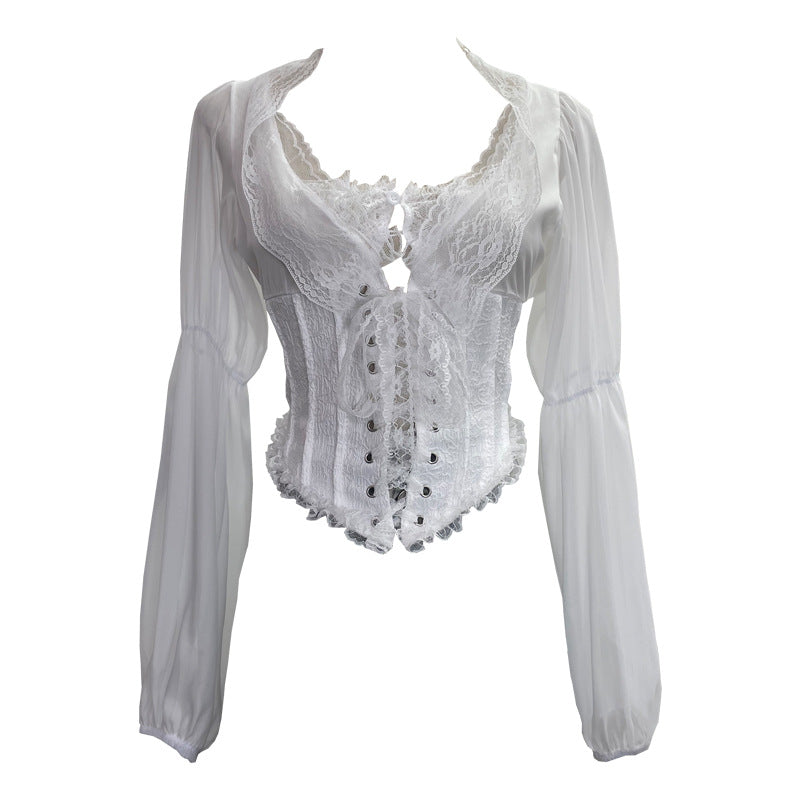 Real Shot French Royal Lace up Waist Controlled Boning Corset Shirt Lace Small Shirt Back Waist Smocking Short Top