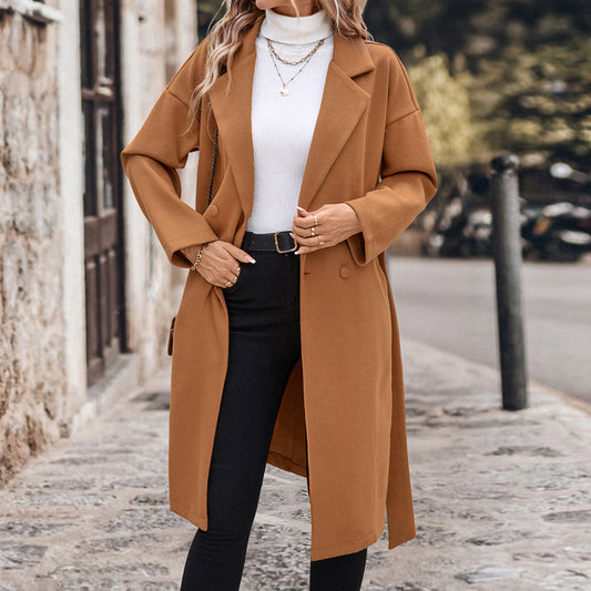 Autumn Winter Women Extended Solid Color Woolen Coat Women