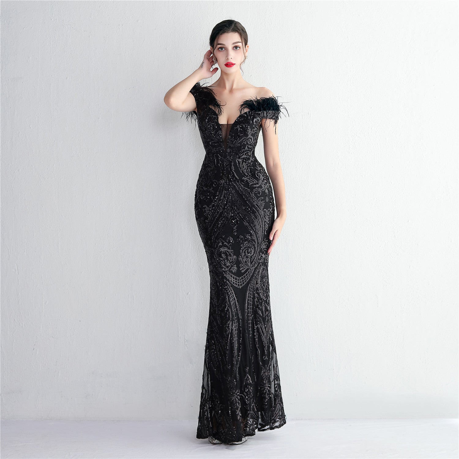 High Density Three Dimensional Strong Sequin Positioning Floral Craft Handmade Wool Cocktail Slim Fit Sexy Evening Dress