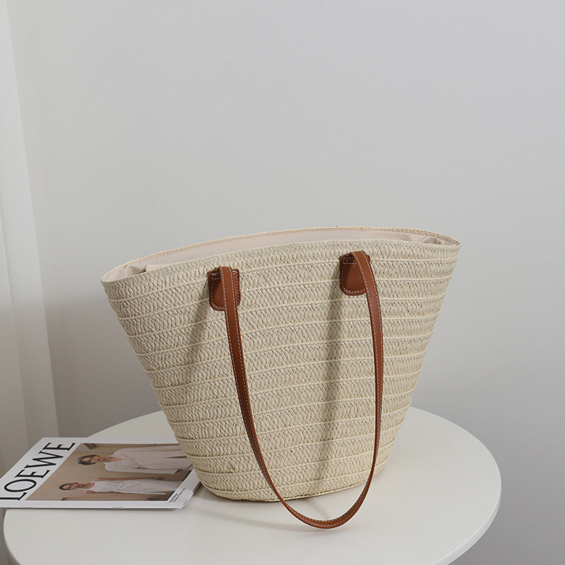 Simple Shoulder Straw Bag Large Capacity Straw Bag Woven Bag Tote Bag Women Seaside Vacation Beach Bag