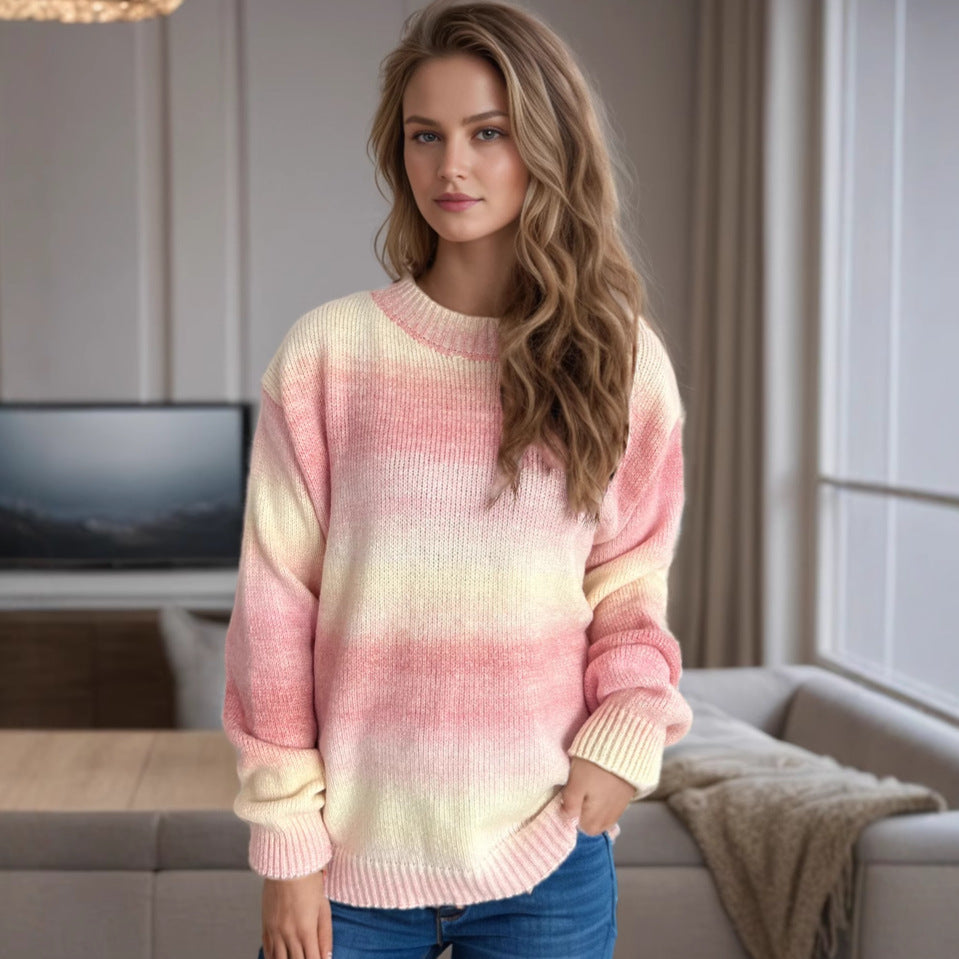 Autumn Winter Gradient Contrast Knitted Women Sweater Crew Neck Casual Loose Long Sleeve Pullover Pink