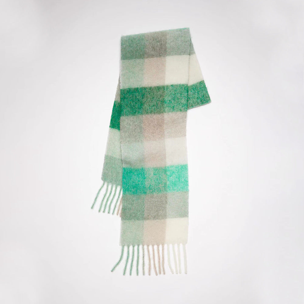 Women Plaid Scarf Winter Warm Plaid Rainbow Tassel Cashmere like Shawl Scarf One Size White and Green Plaid