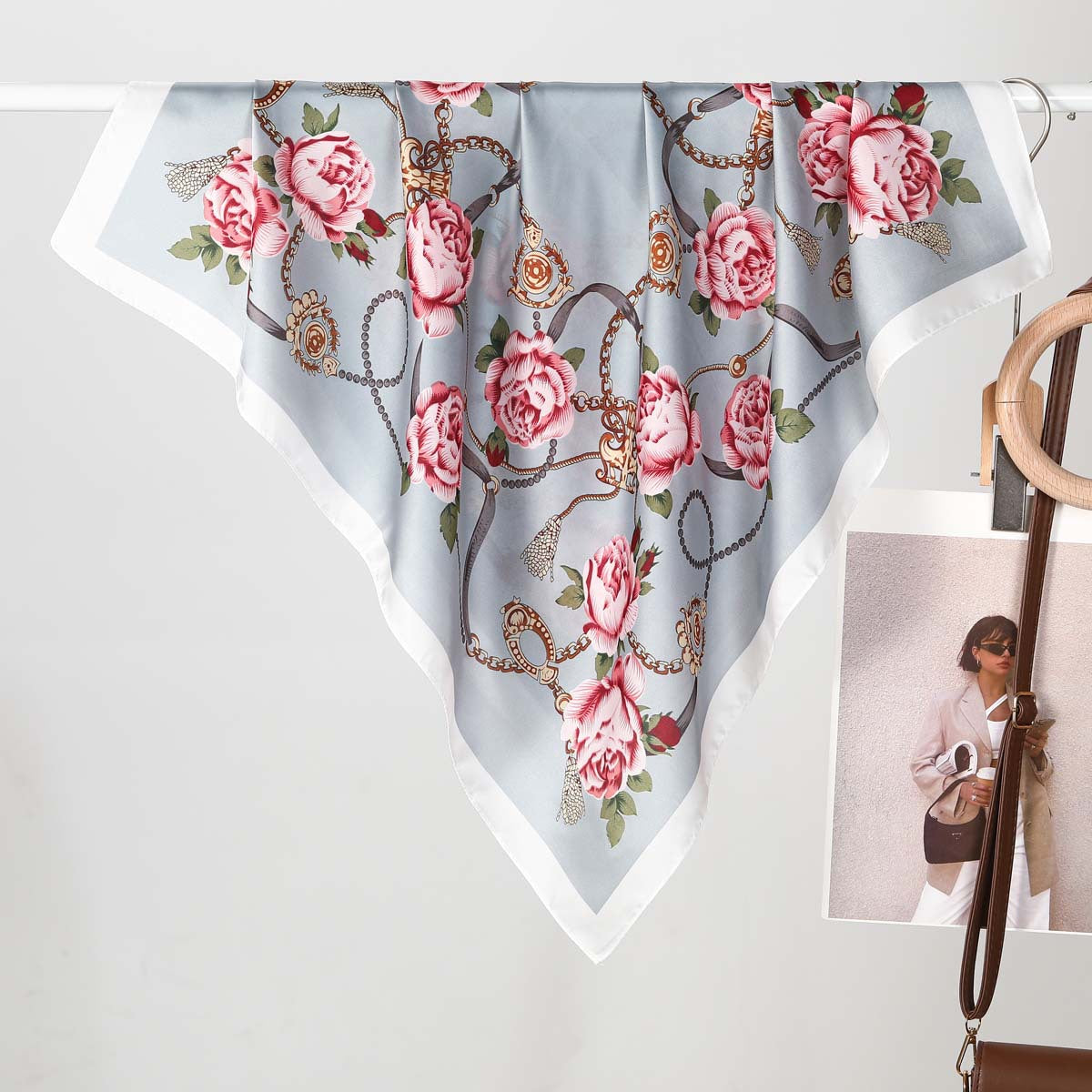 Romantic Camellia Printed Emulation Silk Scarf Women High Grade Small Scarf Spring Summer Sun Protection One Size Chain Rose Gray