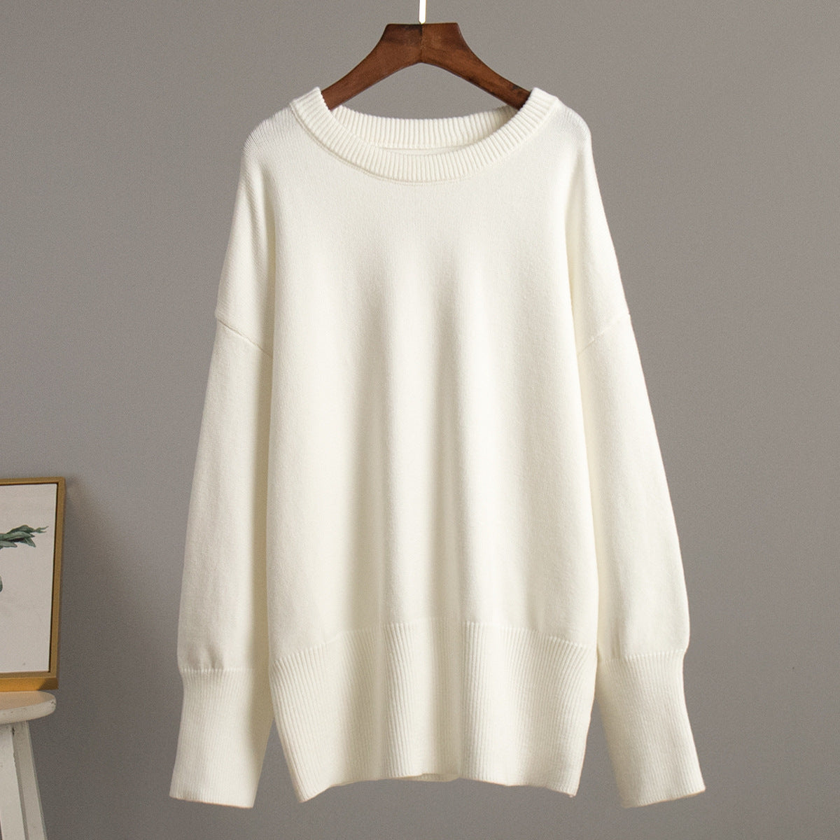 Round Neck Sweater Autumn Winter Solid Color All Matching Casual Lazy Pullover Knitting round Neck Sweater White