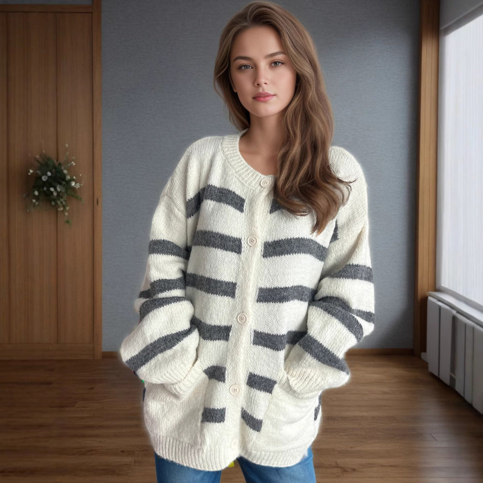 Autumn Winter Loose Women Sweater round Neck Contrast Color Stripe Thickening Thermal Knitting Cardigan