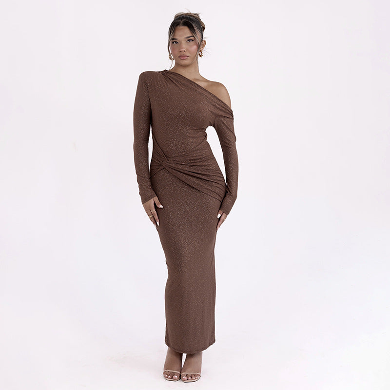 Women Flashing Knitted Sequined Sloping Exposed Shoulder Twist Knot Dress Midi Dress Brown