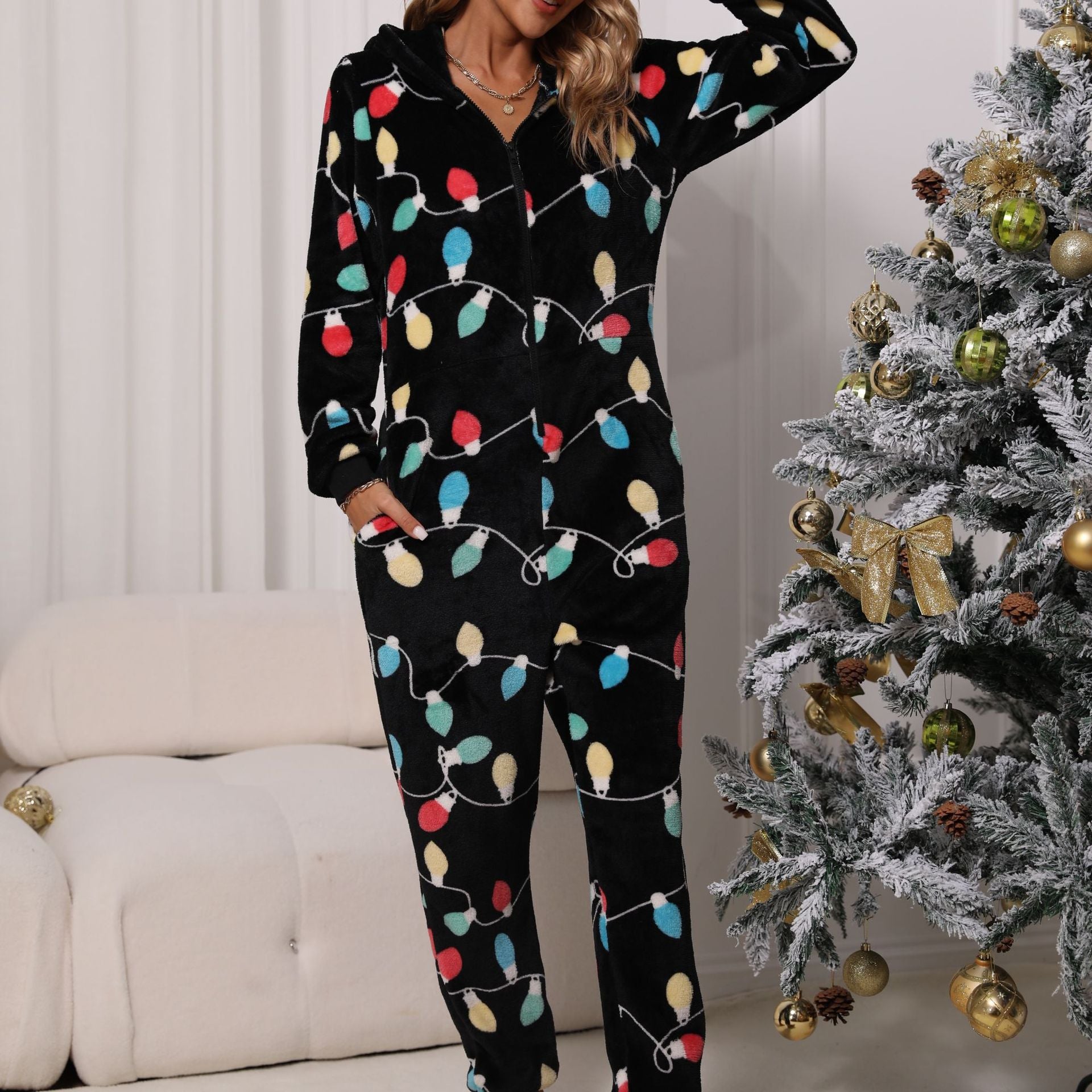 Women Autumn Clothing round Neck Home Casual Comfortable Can Be Worn outside Thermal Flannel Christmas Jumpsuit