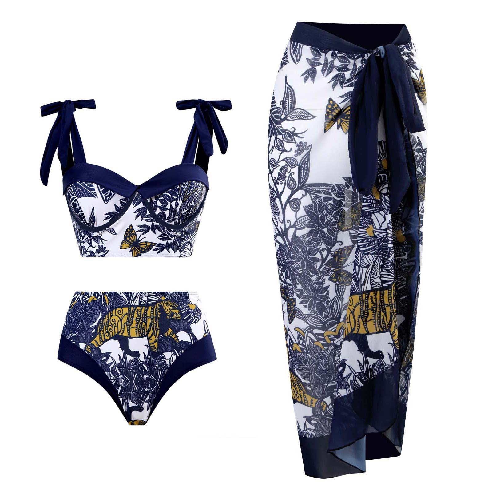 High Waist Print Three-Piece Bikini Swimsuit Women Sexy Swimsuit Outfit Bikini