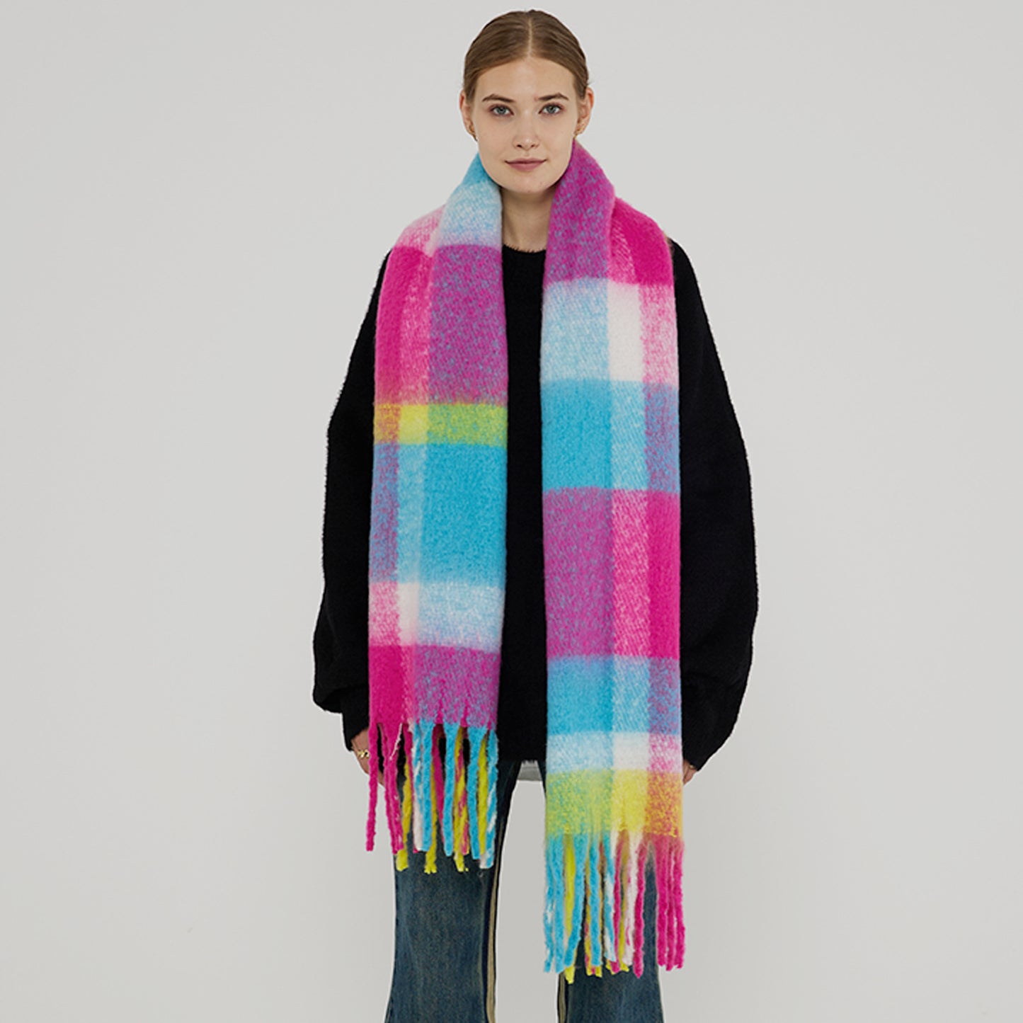 Thick Warm Multicolor Plaid Bib Shawl Thick Tassel Scarf Women Autumn Winter One Size Rainbow Grid