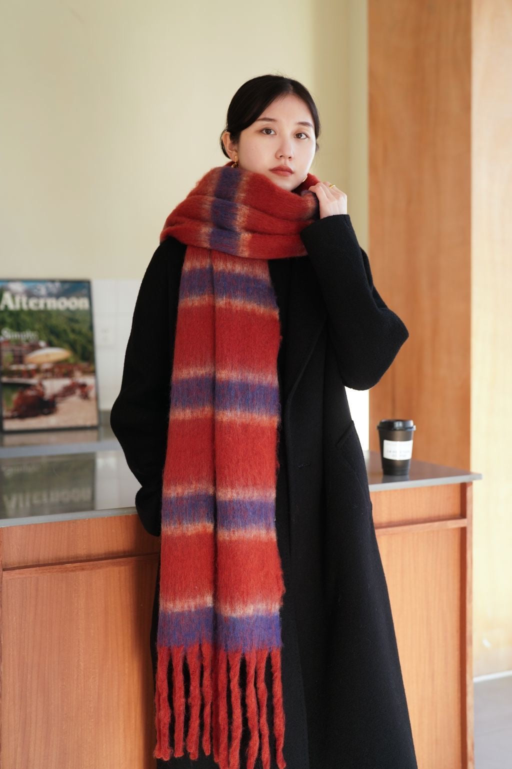 Offers Autumn Winter Thickened Circle Yarn Thick Braid Tassel Stripes Artificial Cashmere Scarf One Size Red