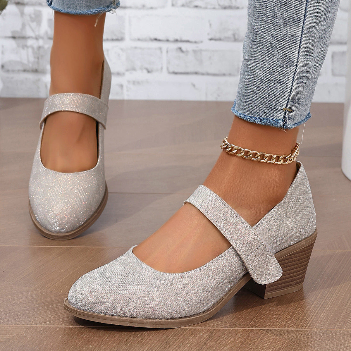 Chunky Heel Height Increasing Women Pumps Velcro Convenient Simple round Toe Women High Heel Single Layer Shoes round Toe Khaki