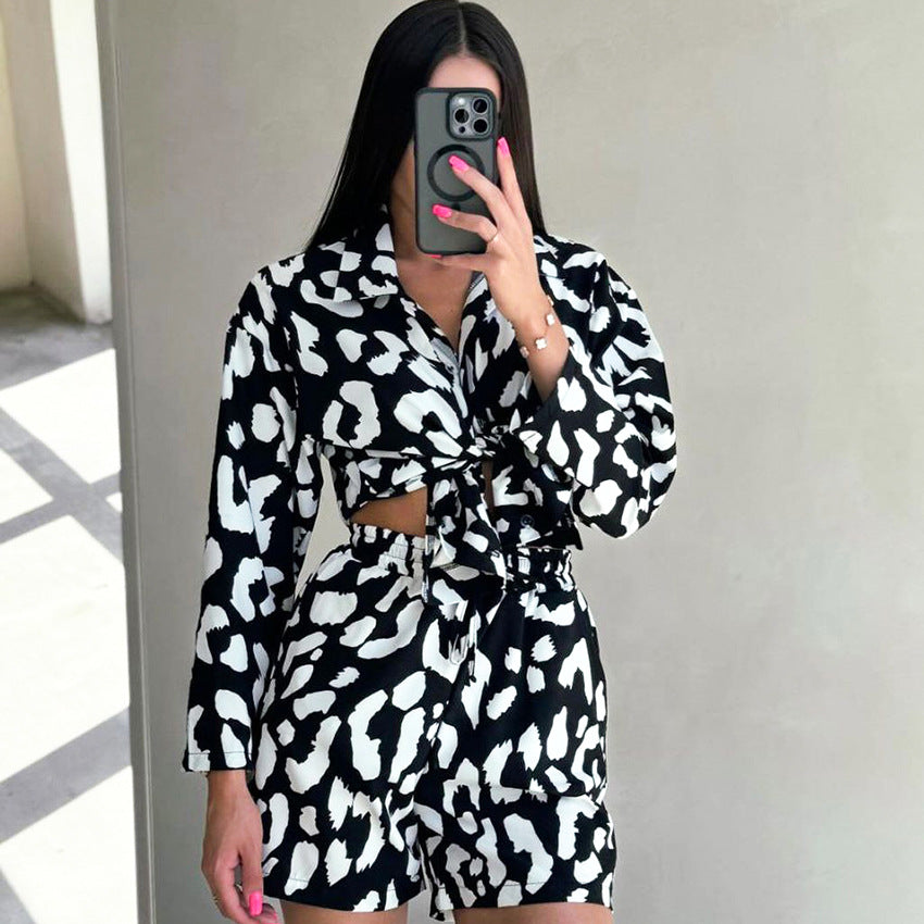 Summer Women Cardigan Printed Shirt Shorts Ice Silk Home Wear Artificial Silk Slim Pajamas