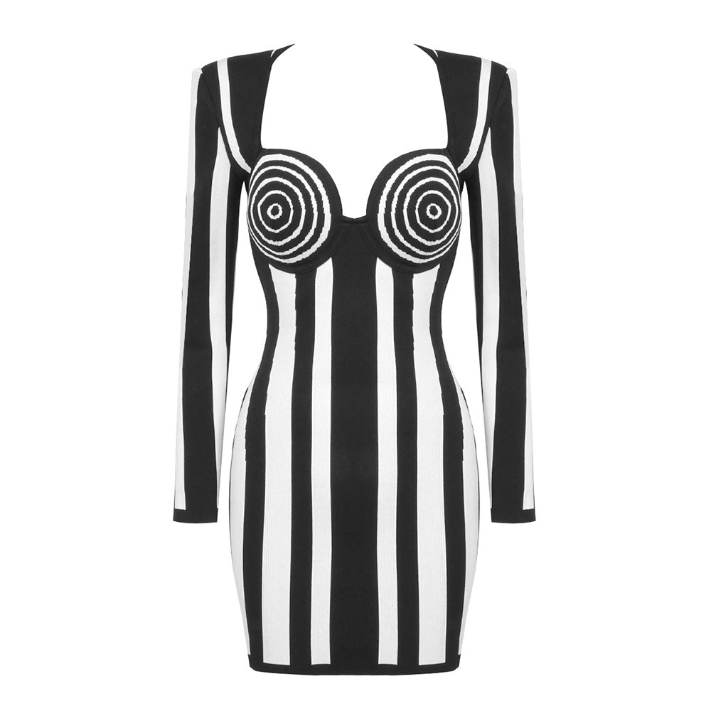 Black White Vertical Stripes Bandage One Piece Dress High Street Party Dress Multi