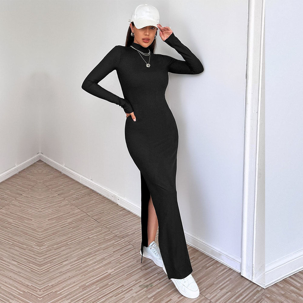 Women Clothing Simple Sexy Dress Autumn Winter Backless Design Slim Fit Slit Midi Dress