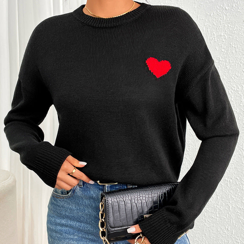 Love Jacquard round Neck Sweater Autumn Winter Casual All Match Loose Sweater Valentine Day Sweater