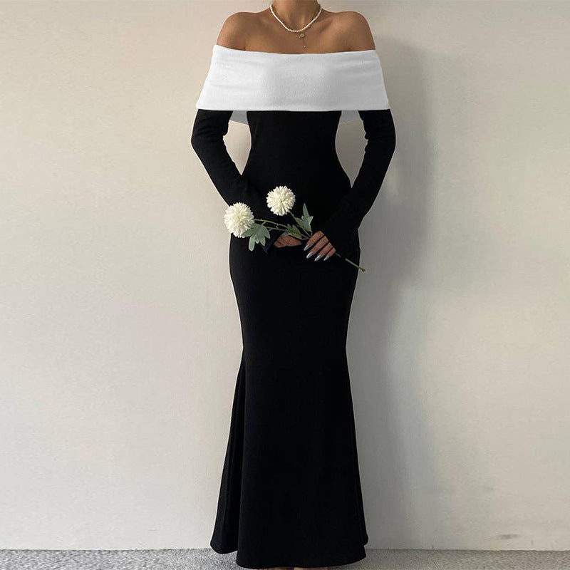 Women Clothing Autumn Winter Contrast Color off Shoulder Long Sleeve Waist Slimming Maxi Dress