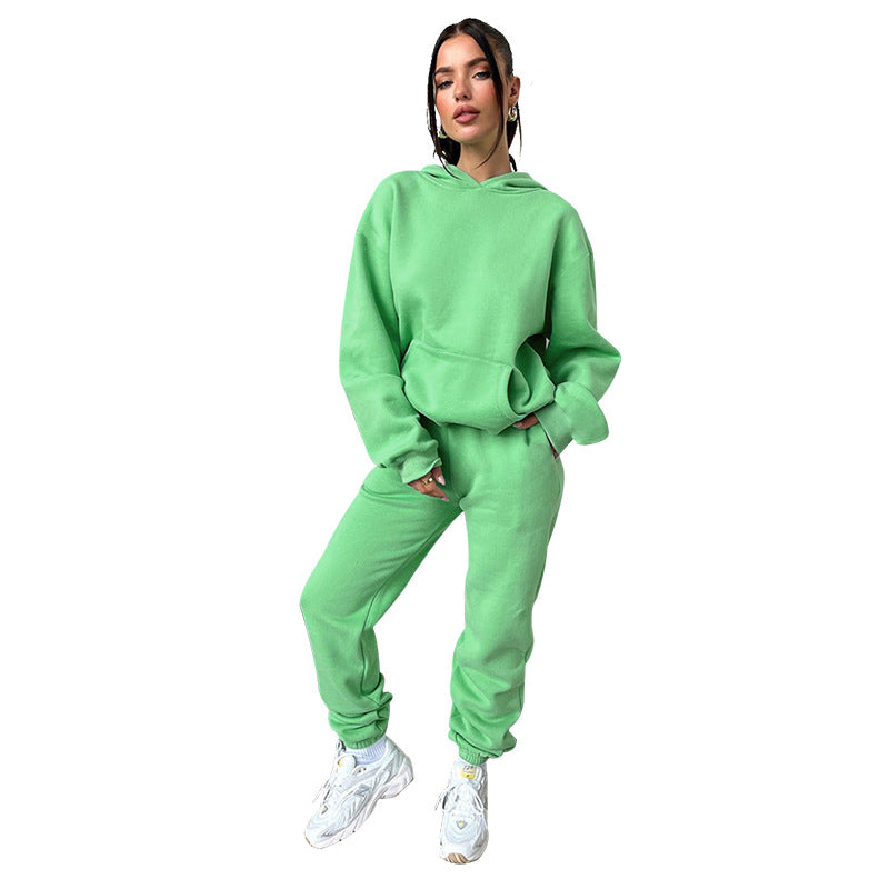 Autumn Winter Solid Color Long Sleeve Hooded Fleece Lined Sweater Women Casual Trousers sets Green