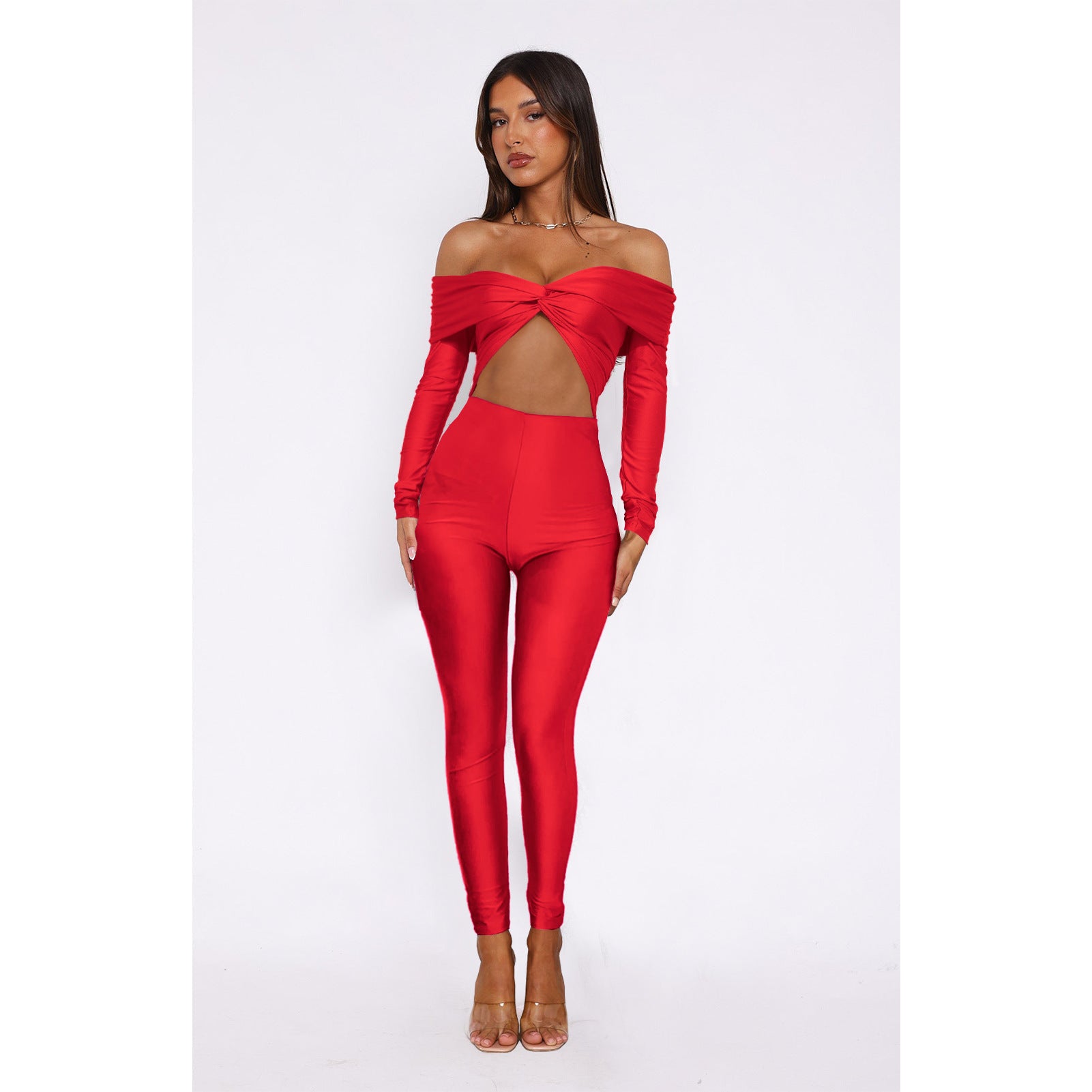 Women Clothing Collared Twist Hollow Out Cutout Cropped Sexy High Waist Long Sleeve Jumpsuit