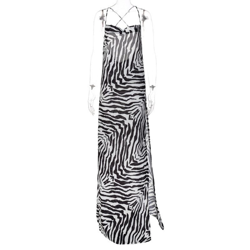 Summer Printed Sexy Dew Split Sling Dress Long Women L Multi