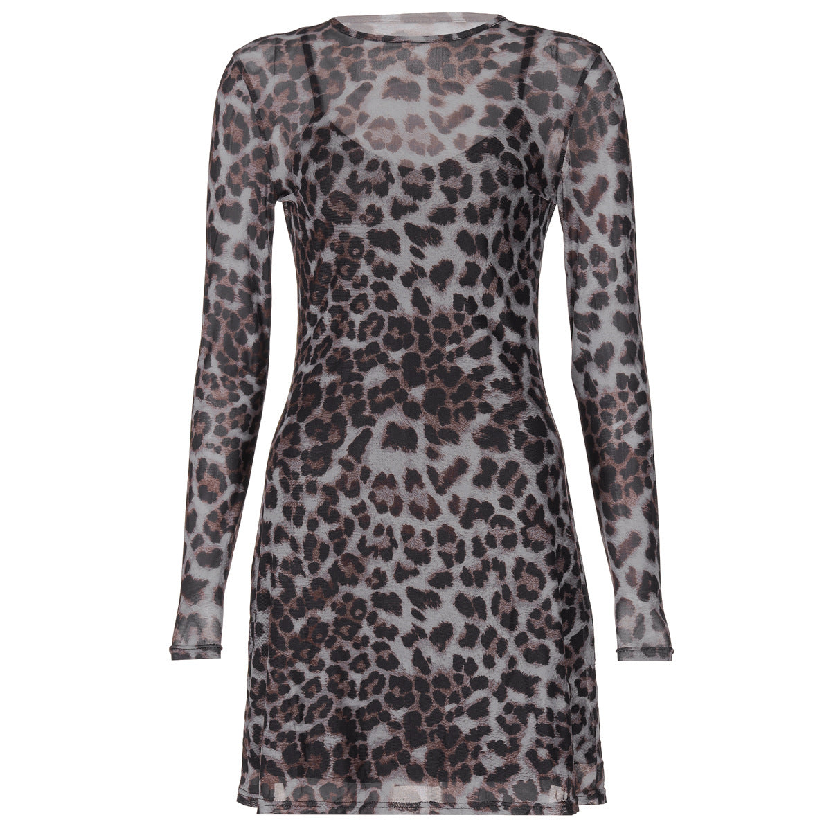 Women Autumn Personality Leopard Print Printed Mesh See through Dress