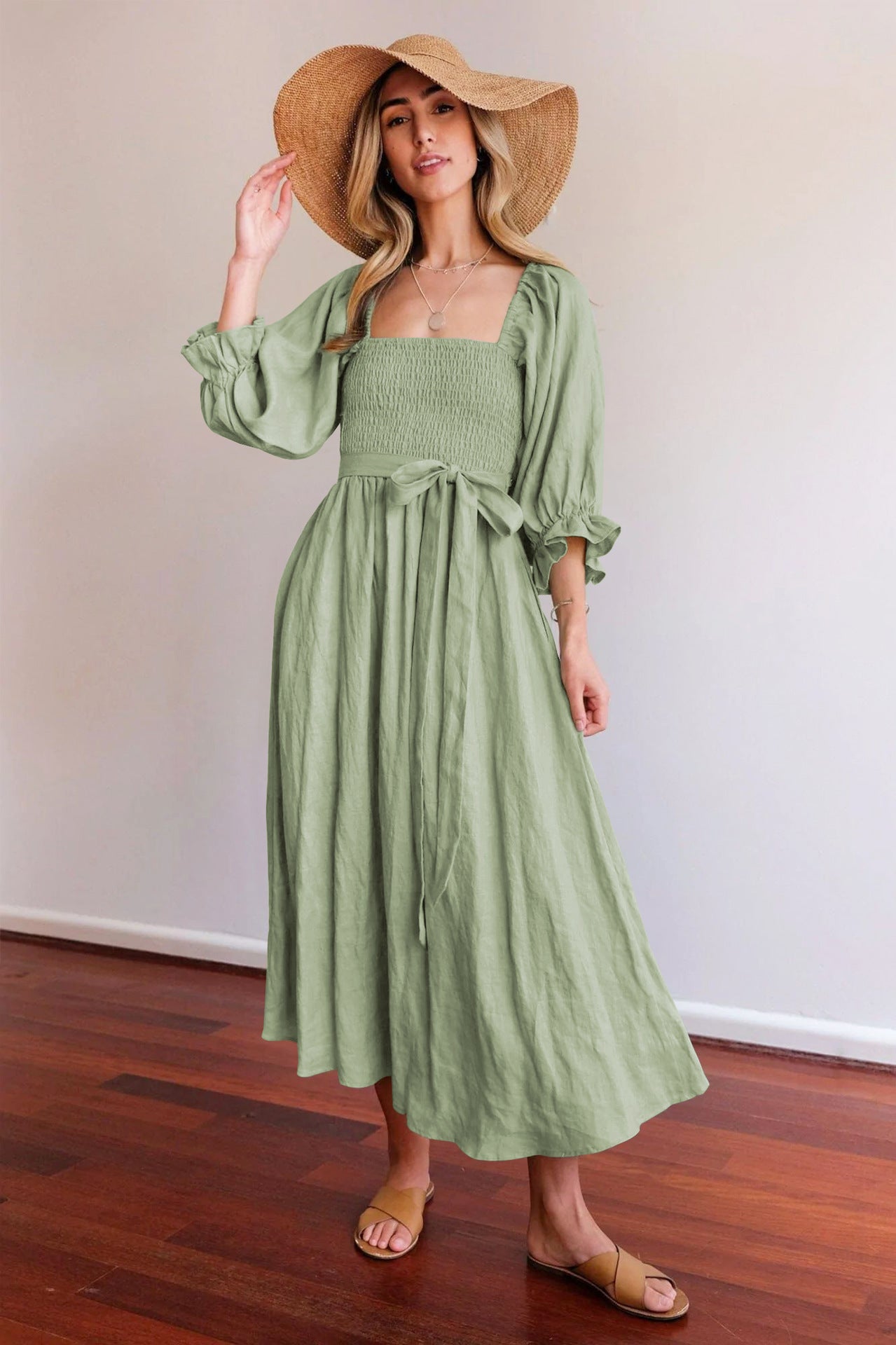 French High Sense Women Autumn Clothing Rope Belt Ruffled Lantern Sleeves Dress Multi Wear Elegant Dress Light Green