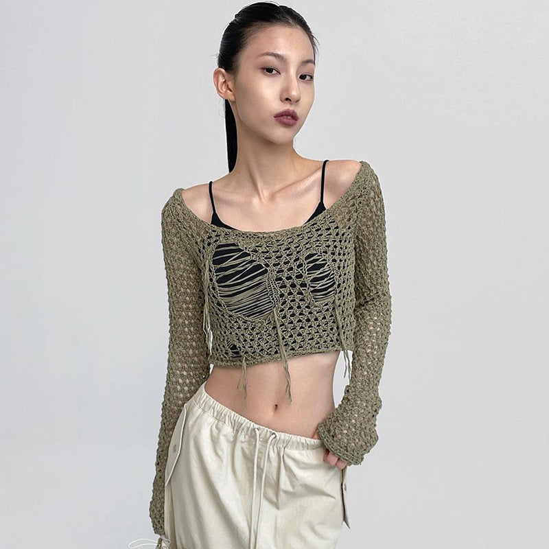 Women Clothing Woolen Blouse Broken Hole Design Sexy Sexy Short Long Sleeve Top Army Green