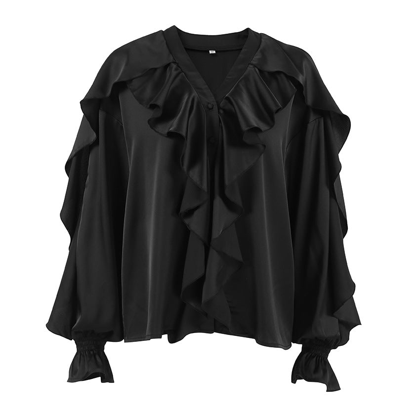 Black V neck Ruffled Puff Sleeve Satin Women Shirt Autumn Winter Top