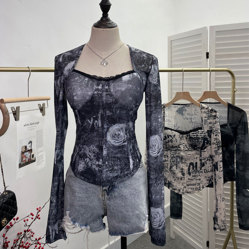 Popular Square Collar Lace Stitching Tie Dyed Mesh Long Sleeve Tight Sexy Short Top with Chest Pad One Size Flower Dark Gray