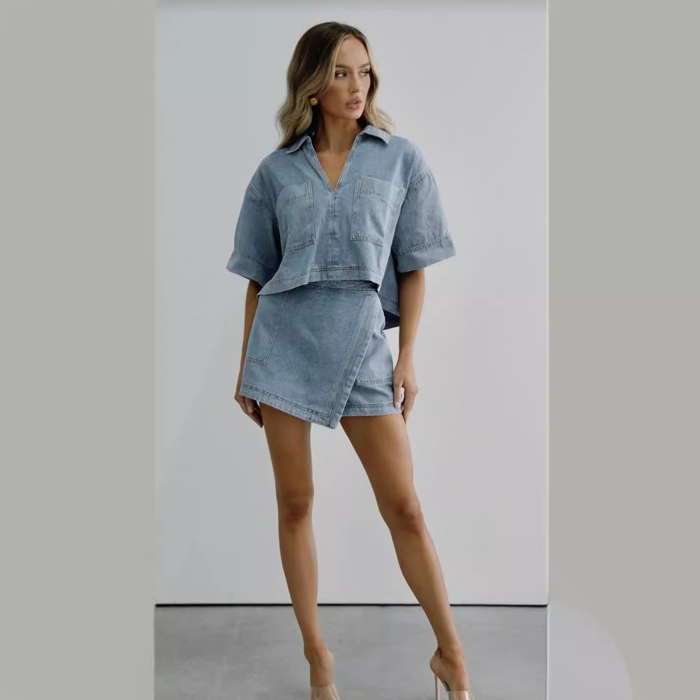 Comfort Casual Denim Women Summer Loose Slimming Polo Short Sleeve Shirt Irregular Asymmetric Pantskirt Two Piece Set