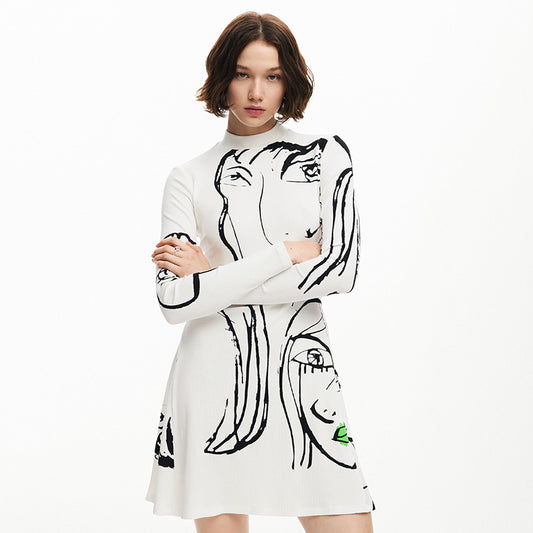 Women Clothing Positioning Portrait Line Printing Casual Long Sleeve Dress