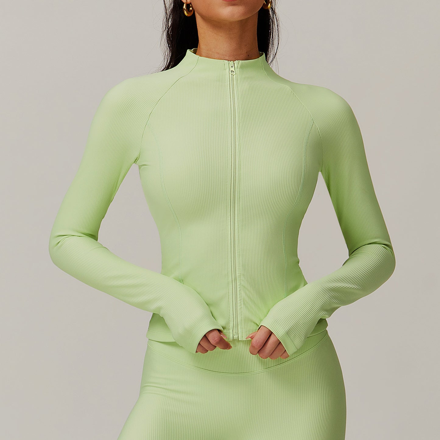 Zipper Quick-Drying Long Sleeve Yoga Wear Outdoor Casual Running Top Training Sports Fitness Clothes Budding green