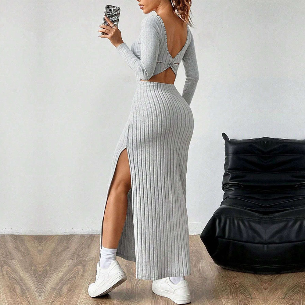 Women Clothing Simple Elegant Dress Autumn Winter Square Collar Backless Long Sleeve Mid Length Dress