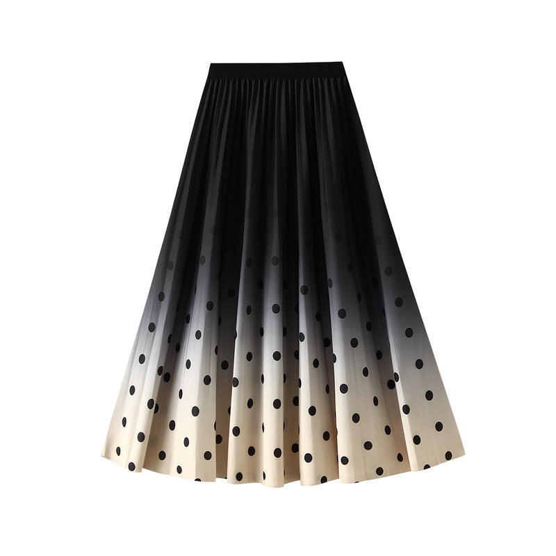 High Waist Slimming Gradient Coloring Pleated A line Skirt Polka Dot Printed Midi Skirt One Size Black Apricot