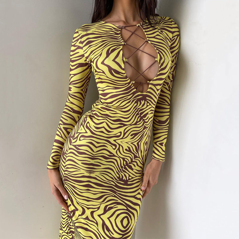 Printed Chest Hollow Out Cutout Long Sleeve Slim Dress Women Maxi Dress