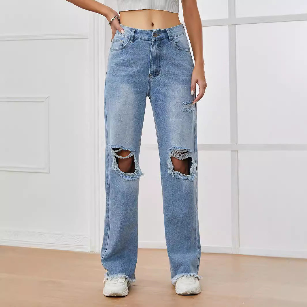 Women Clothing Jeans High Waist Ripped Raw Hem Wide Legs Denim Trousers