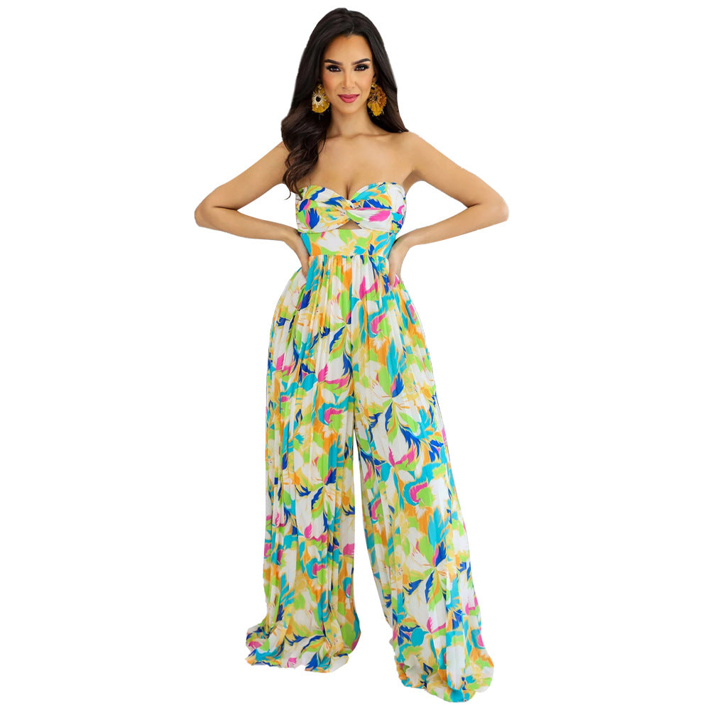 Sleeveless Chest Wrapped Printed Trousers Summer High Waist Pleated Jumpsuit Multicolor 2