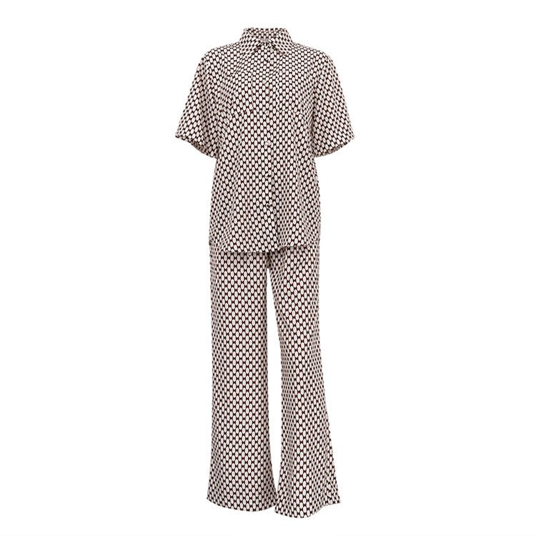 Women Clothing Summer Printing Suit Short Sleeve Collared Shirt Lace up Trousers Two Piece Set S Brown