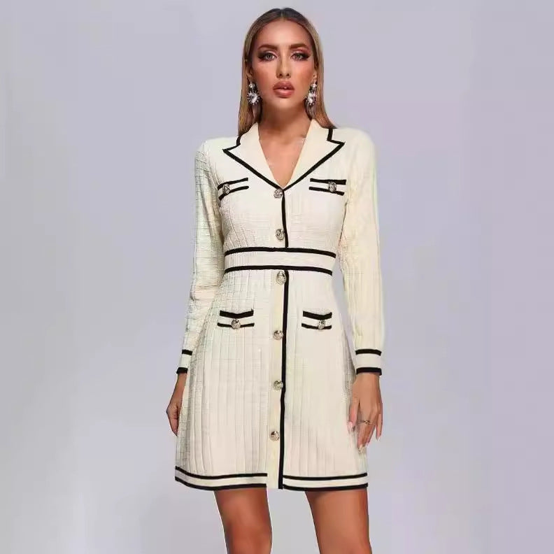 Long Sleeve Collared Knitted Classic Dress Button Contrast Color Slim Fit Short for Women