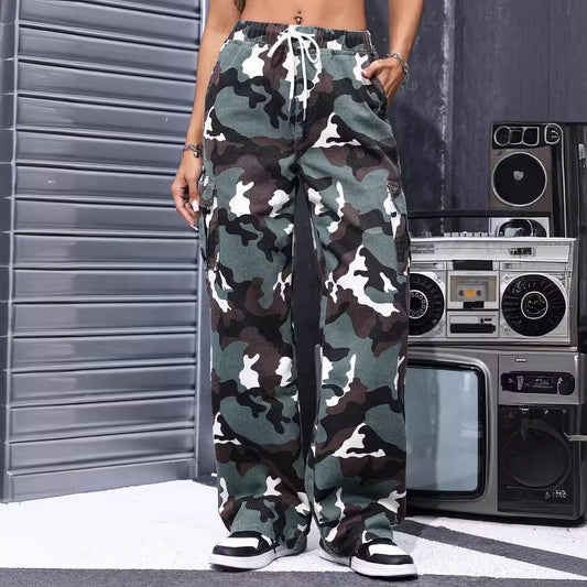 Straight Mop Casual Jeans Spring Summer Retro Camouflage Straight Drawstring Straight Leg Pants Women