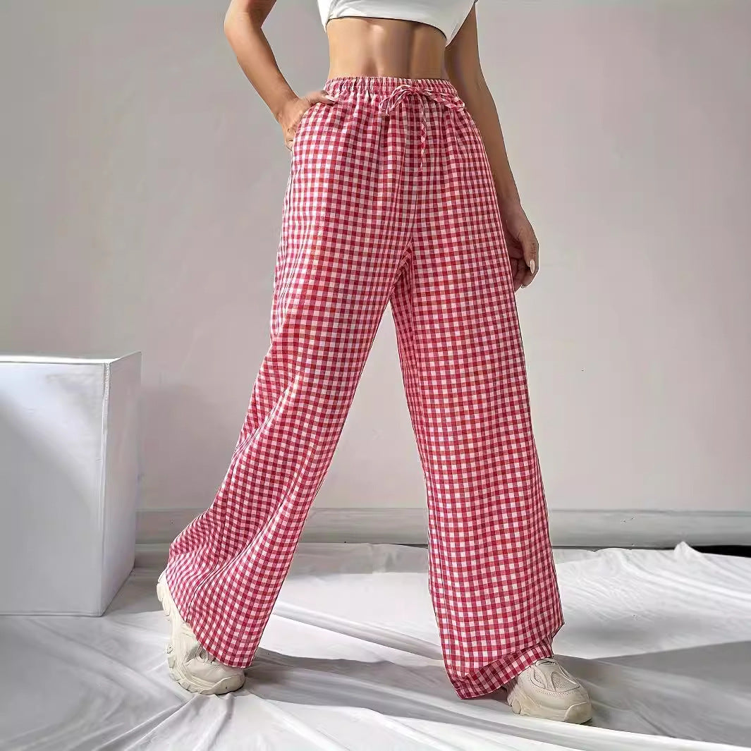 Women Spring Autumn Loose Fitting Pink Plaid Drawstring Casual Wide Leg Pants