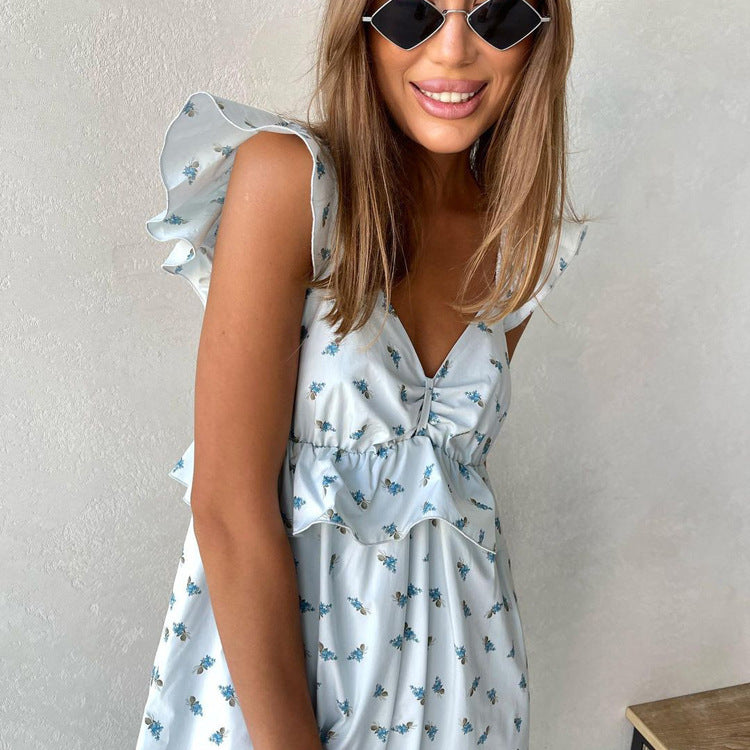 Women Clothing Summer Ruffled Printed Dress Casual V neck Backless Dress