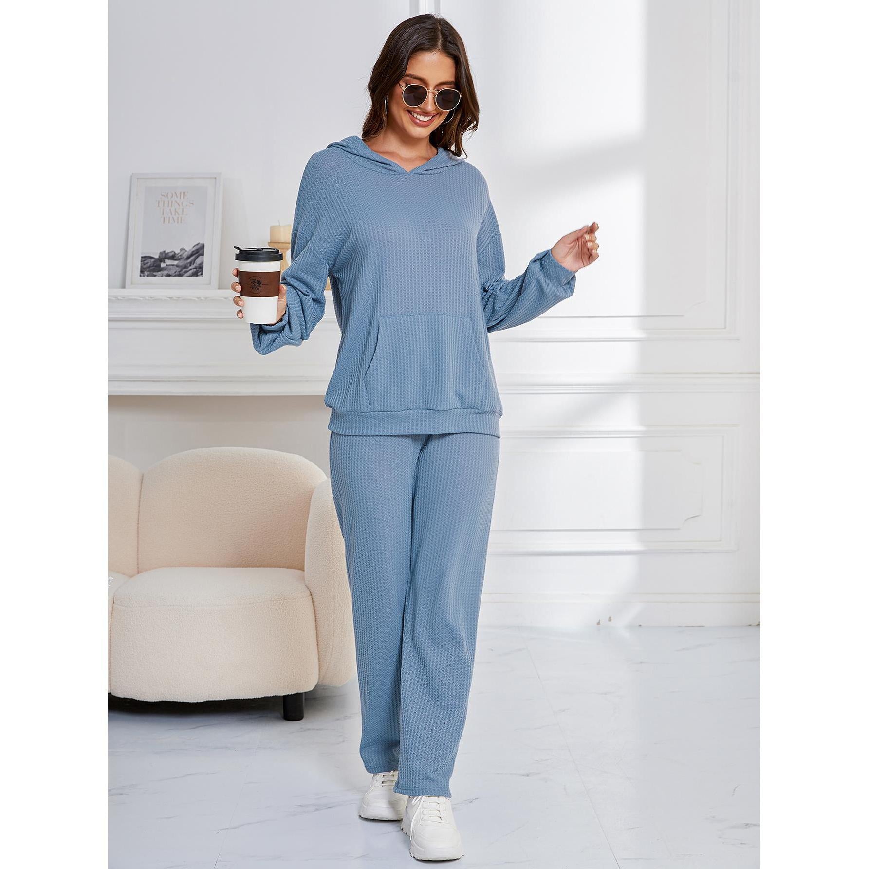 Hooded Casual Suit Women Pajamas Waffle Loose Long Sleeved Trousers Two Piece Home Wear