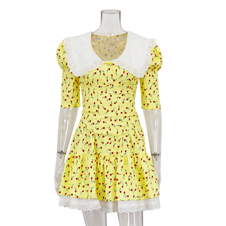 Summer Peter Pan Collar Short Sleeve Floral Dress Graceful Fashionable Tight Waist Petti dress Yellow