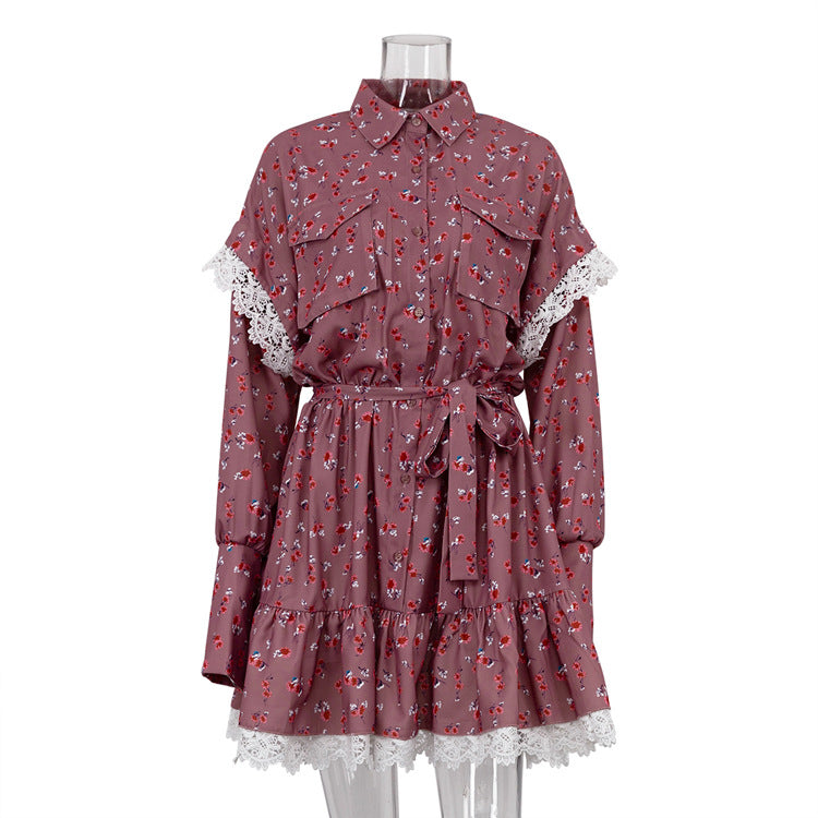 Women Clothing Autumn Floral Stitching Dress Polo Collar Long Sleeve Lace up A line Dress Dark Pink