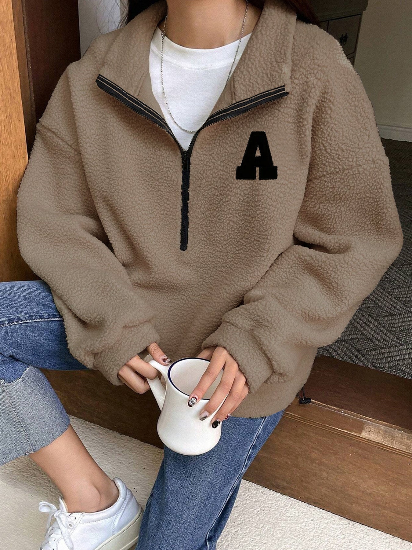 Sweater Polar Fleece Autumn Winter Loose Long Sleeve Sweatershirt Half Zipper Coffee