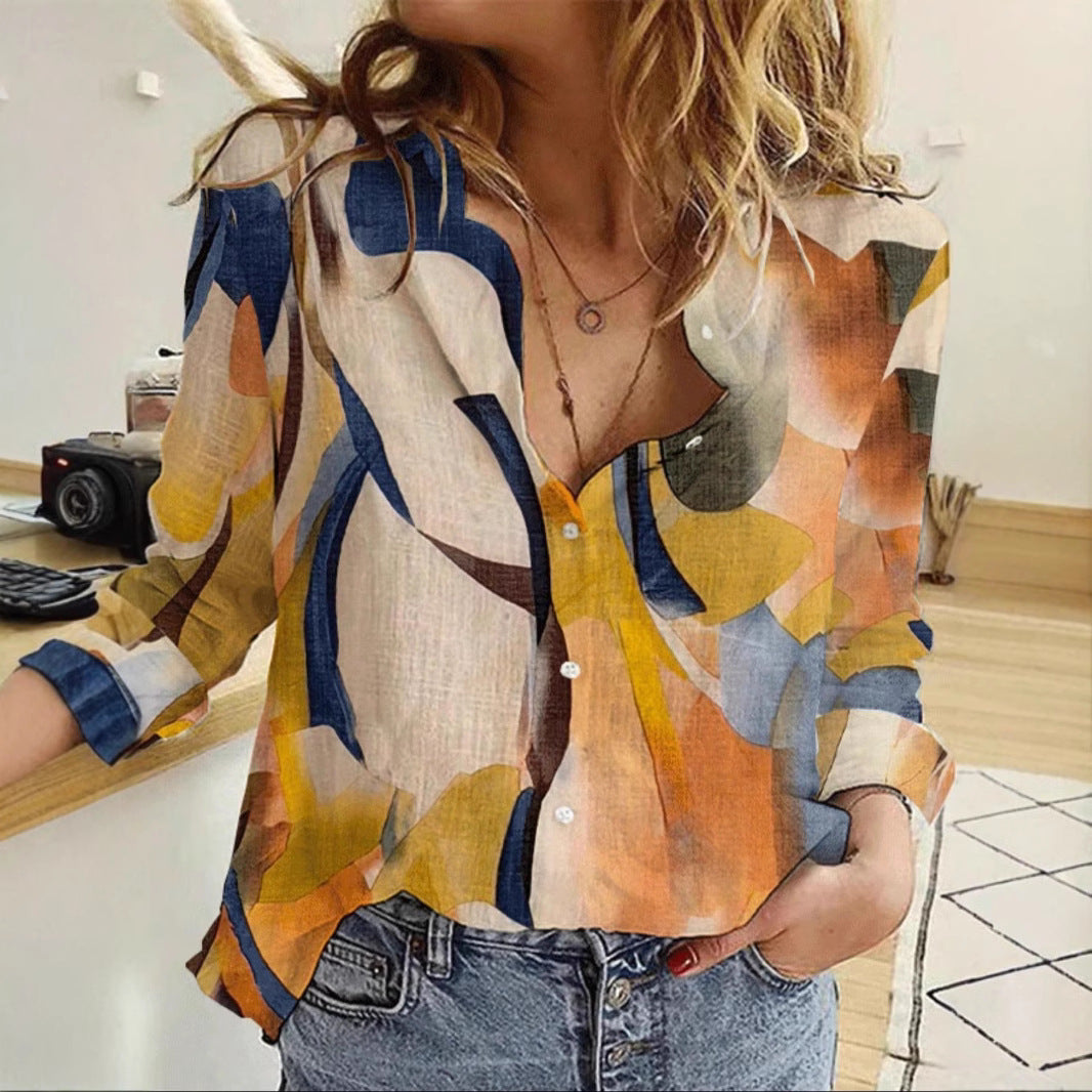 Shirt Loose Digital Printing Lantern Long Sleeve Shirt Women