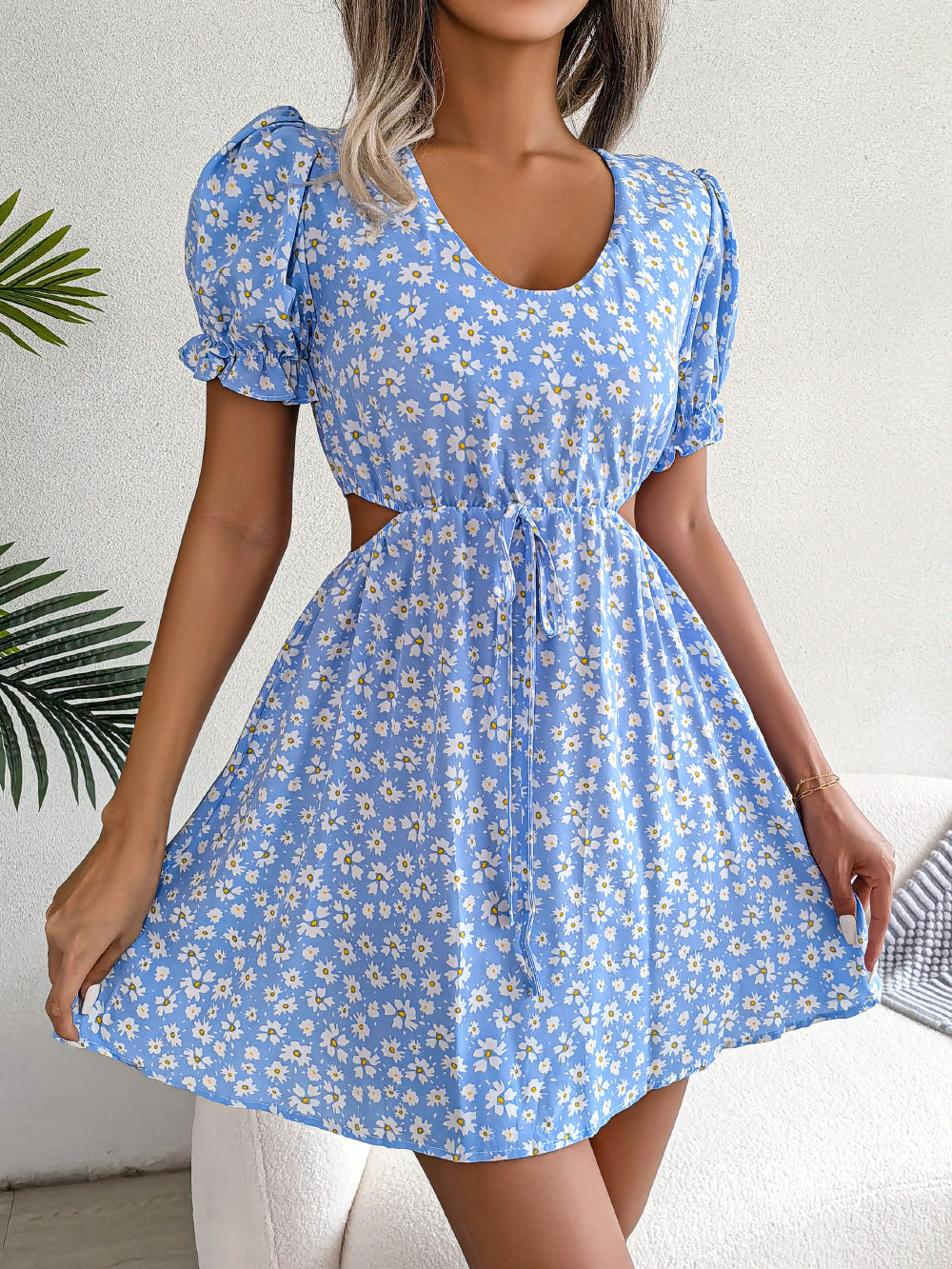 Spring Summer Casual Hollow Out Cutout out Tied Short Sleeve Floral Dress Women Clothing XL Blue