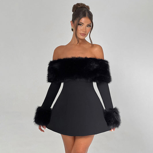 Autumn Winter Women Clothing Sexy Fur Collar off Shoulder Slim Slimming A line Dress