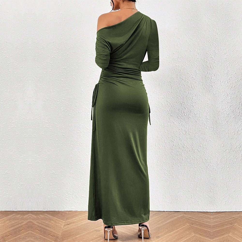 Women Clothing French Diagonal Collar Sexy Dress Autumn Winter Unique Design High Waist Dress